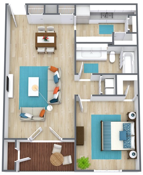 A top-down view of a house layout with a living room, dining area, kitchen, and bathrooms.